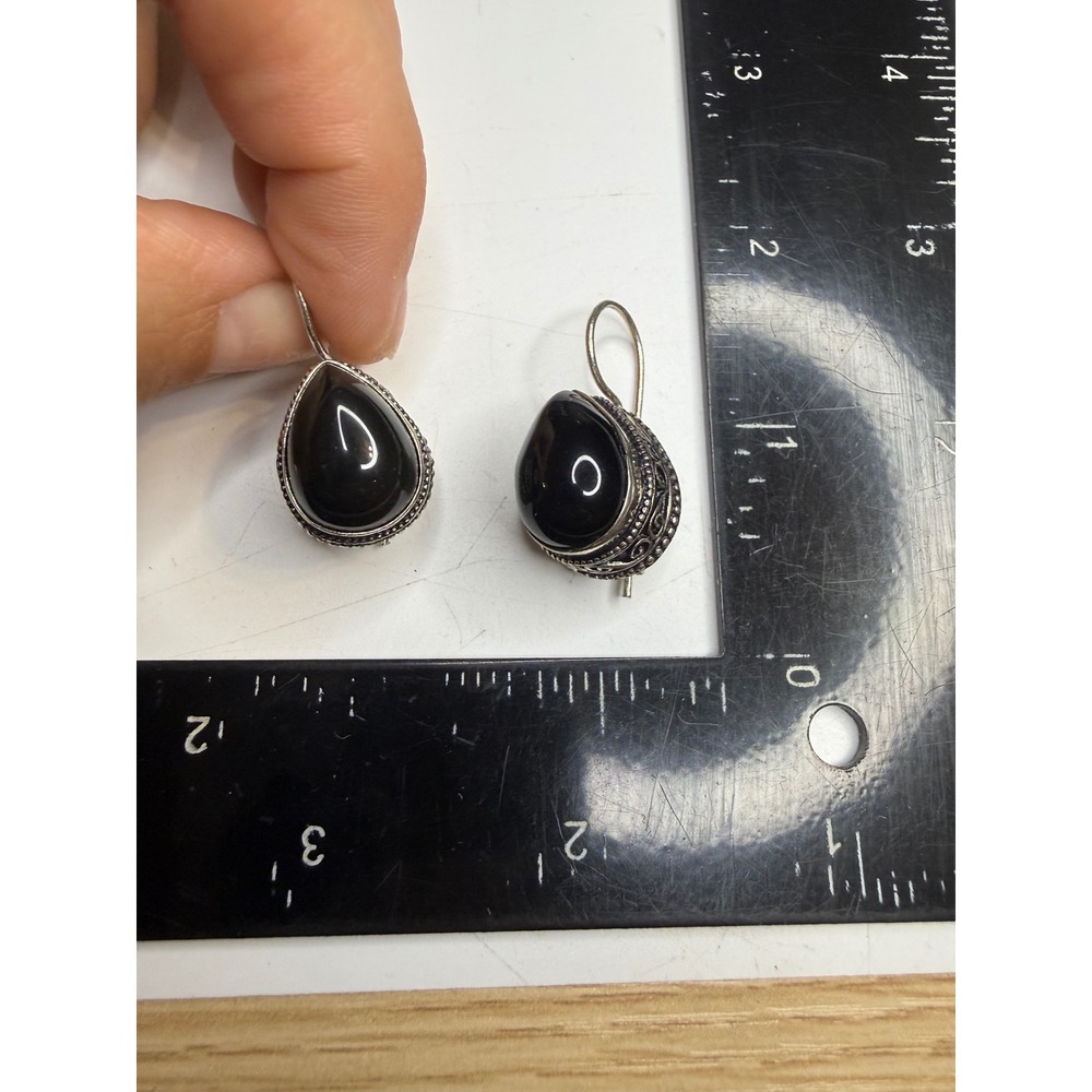 Sterling Silver 925 Black Onyx Teardrop Filigree Kidney Wire Drop Earrings